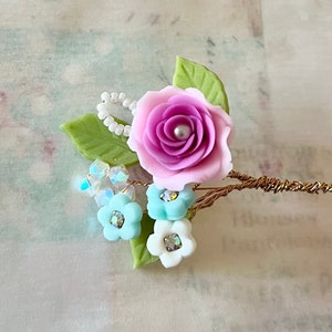 handmade wired cold porcelain flowers bouquet roses forget me nots and crystals #fb27