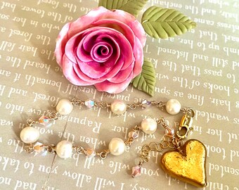 petite 14k gold leaf heart fresh water pearl and crystal gold filled bracelet #b15