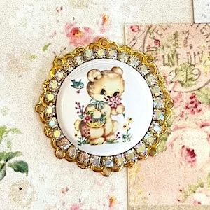 retro sweet bear crystal gold plated cabachon pendant for jewelry and crafts 35mm #pb12