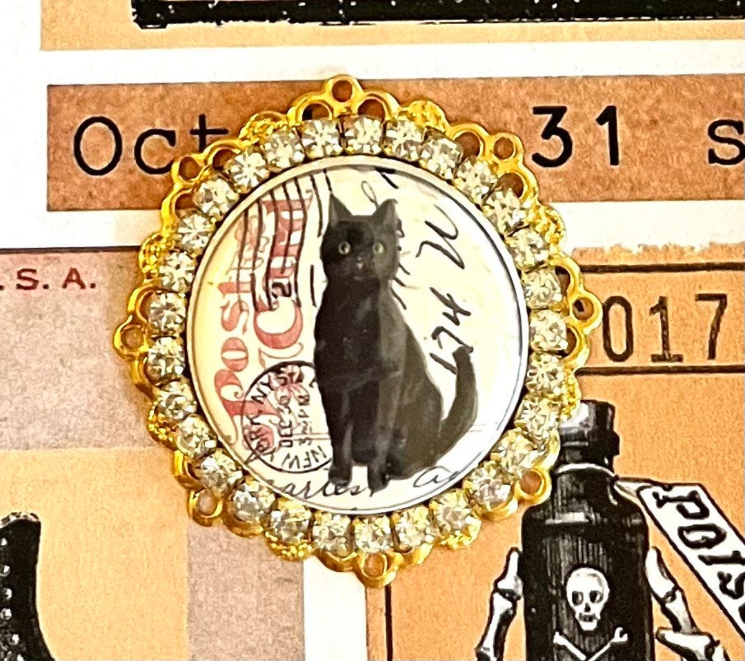 Halloween Black Cat Crystal Gold Plated Cabachon Pendant for Jewelry