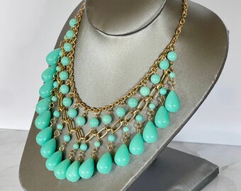 Magnifique collier plastron vintage en forme de gouttes de verre aqua, bijoux fantaisie