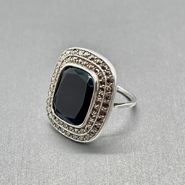 Vintage Art Deco Sterling Silver Marcasite Black Onyx Cocktail Ring Germany 5.75-6