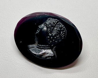 Antique Late Victorian French Jet Molded Glass Cameo Neoclassical Woman Mourning Brooch Pin