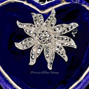Vintage Art Deco Rhodium Silver Metal Marcasite Flower Brooch Starburst Floral Pin