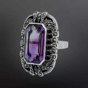Vintage Sterling Silber Markasit Lila Stein Cocktail Ring Deko Jugendstil 7
