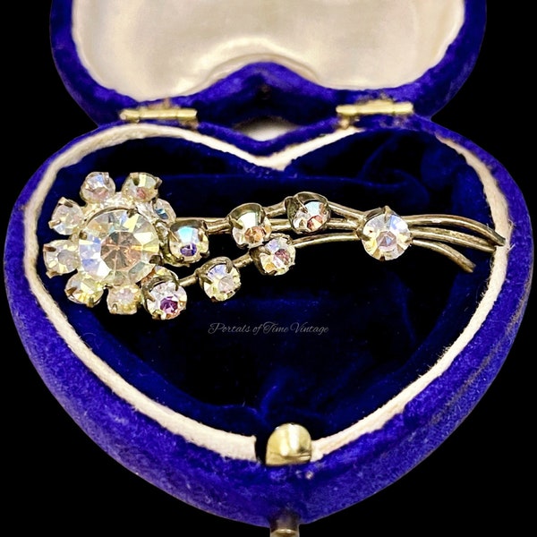 Vintage Mid Century Austrian Aurora Borealis AB Crystal Paste Rhinestone Flower Comet Brooch Pin