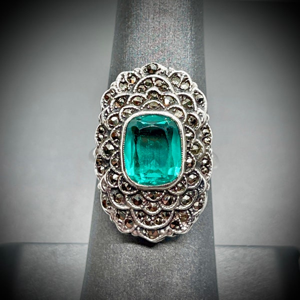 Vintage Art Deco Era Sterling Silver Marcasite & Green Stone Lotus Flower Ring Uncas USA
