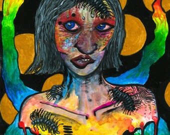 Face Fears - giclée art print - gouache - centipedes - rainbow