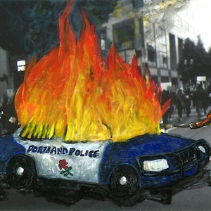 Burning Cop Car Giclée Art Print: Portland Protest Art