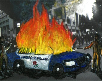 Burning Cop Car Giclée Art Print: Protest Art