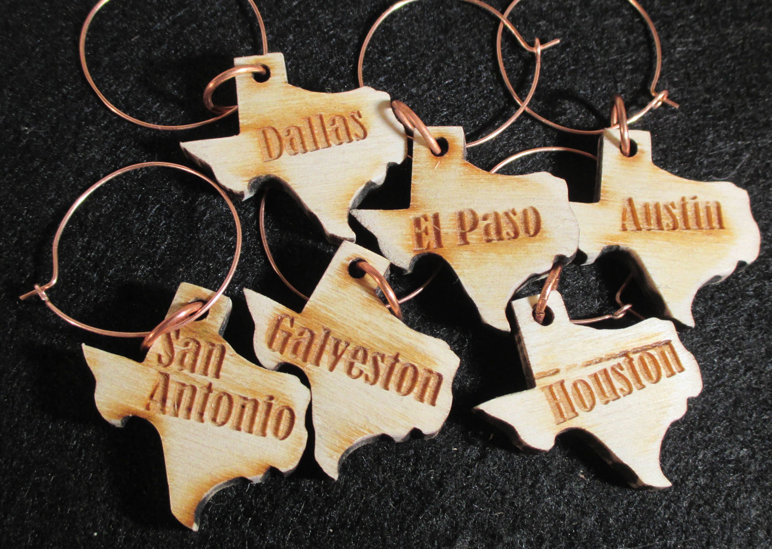 Texas Wine Charms Engraved Wood Set of Six USA Made, Unique Texas