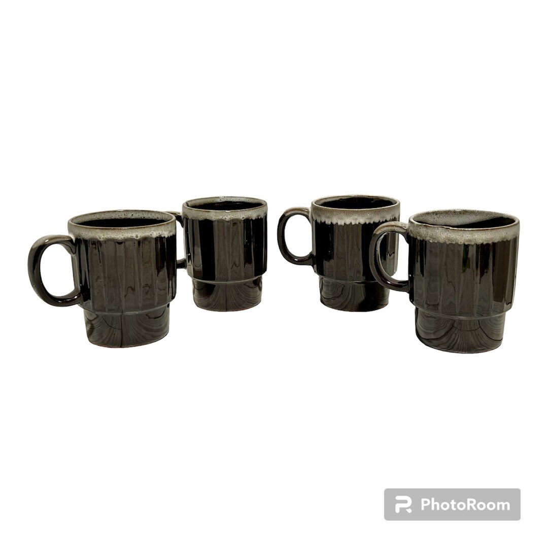 Vintage Stackable Coffee Mugs Brown Textured Drip Glaze Made Etsy