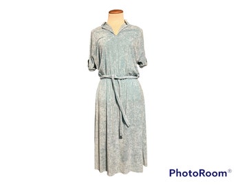 Vintage 70s Shiny Terrycloth Dress Aqua Retro Tie Waist Womens Sm/Med