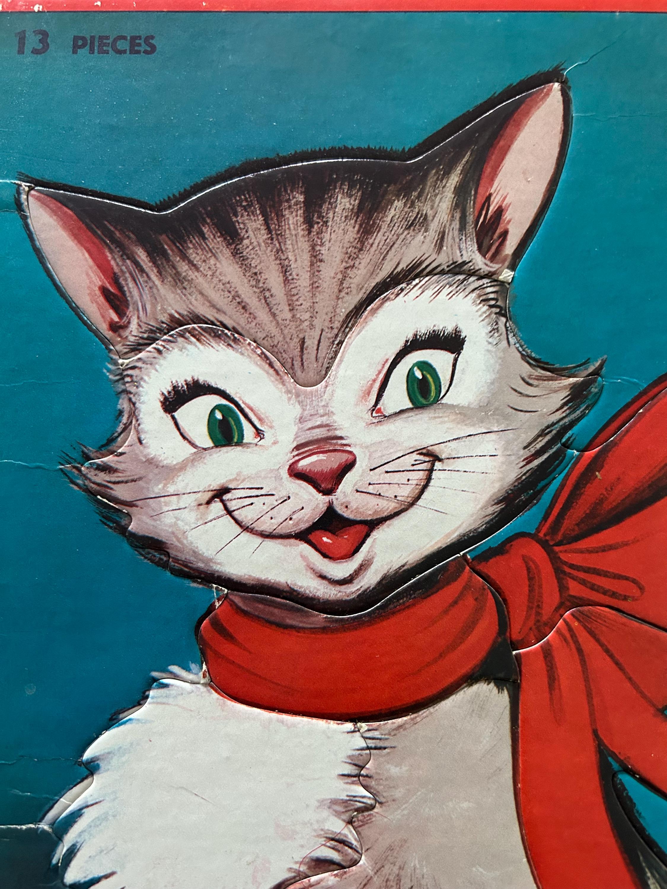 Vintage 1957 Cat With Bow Tray Puzzle Milton Bradley 4507-2 14.25