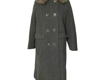 Vintage Lord & Taylor Coat Mink Collar Womens Size Small Medium Black Wool Brown Mink