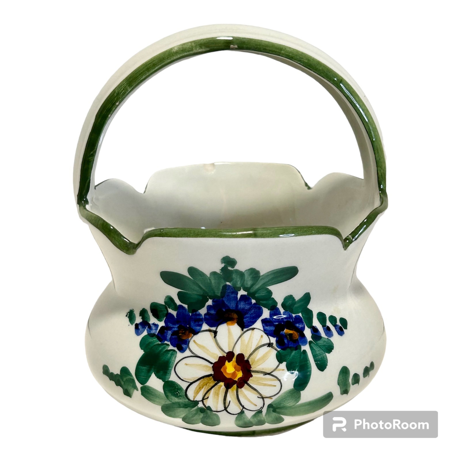 ヴィンテージ イタリア製陶器 バスケット 花瓶 プランター ホワイト 花