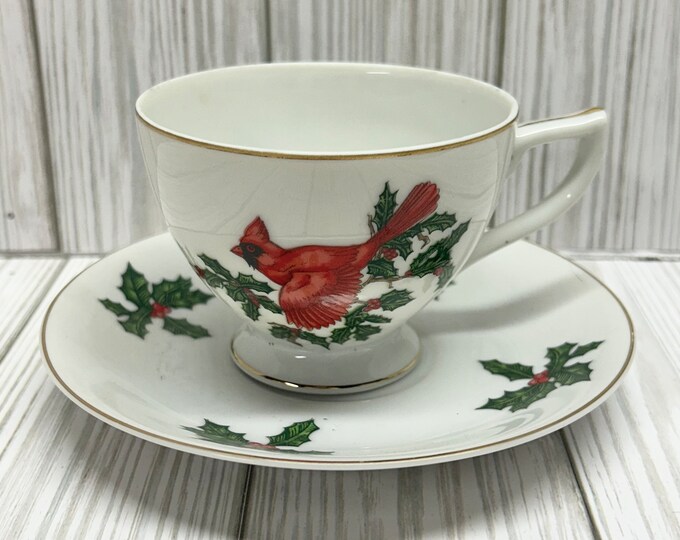 Lefton Tea Cup Saucer Christmas Holly Cardinal White Red Japan 6 Oz - Etsy