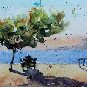 Watercolor Beach Painting, Couple, Love, St. Valentine&#39;s Gift, Wall Decor, Gift, Art Gift, Drawing, Landscape Nature, Birthday Gift, Present