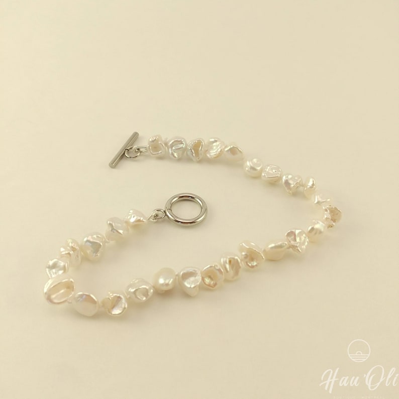 toggle silver hypoallergenic stainless steel freshwater pearls knotted on silk thread double Bracelet 8 inches