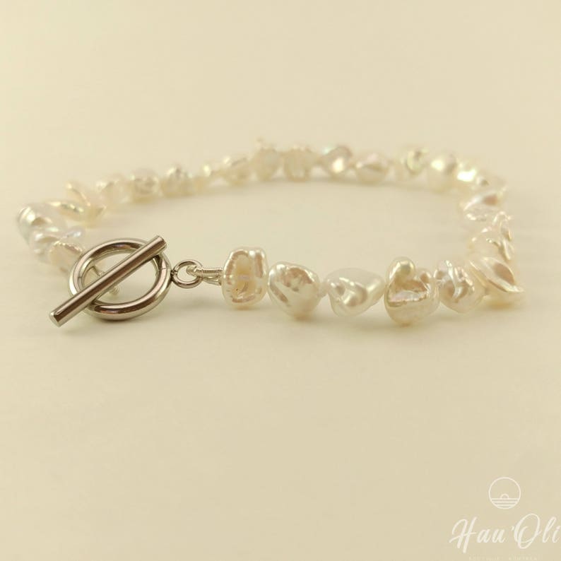 toggle silver hypoallergenic stainless steel freshwater pearls knotted on silk thread double Bracelet 8 inches