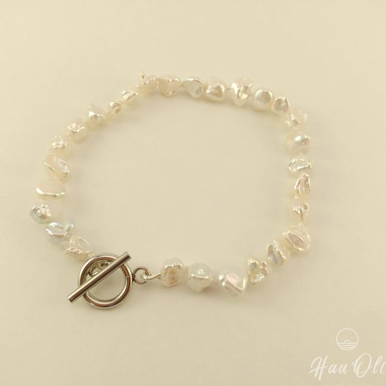 toggle silver hypoallergenic stainless steel freshwater pearls knotted on silk thread double Bracelet 8 inches
