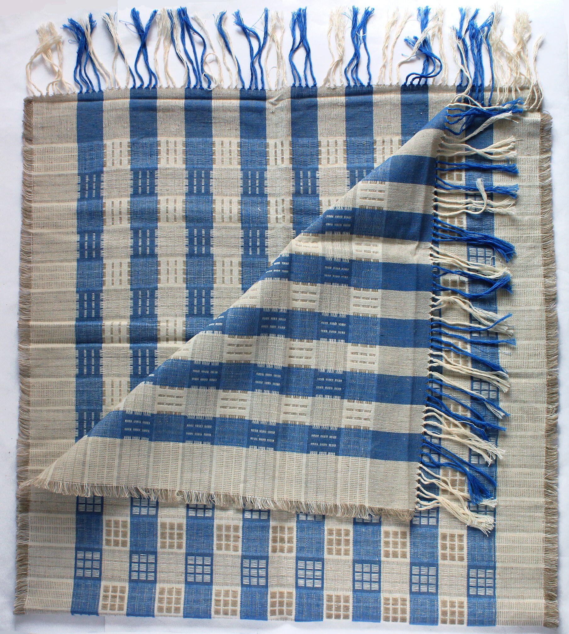 Striped blue and gray linen table runner tassel fringed NOS Etsy