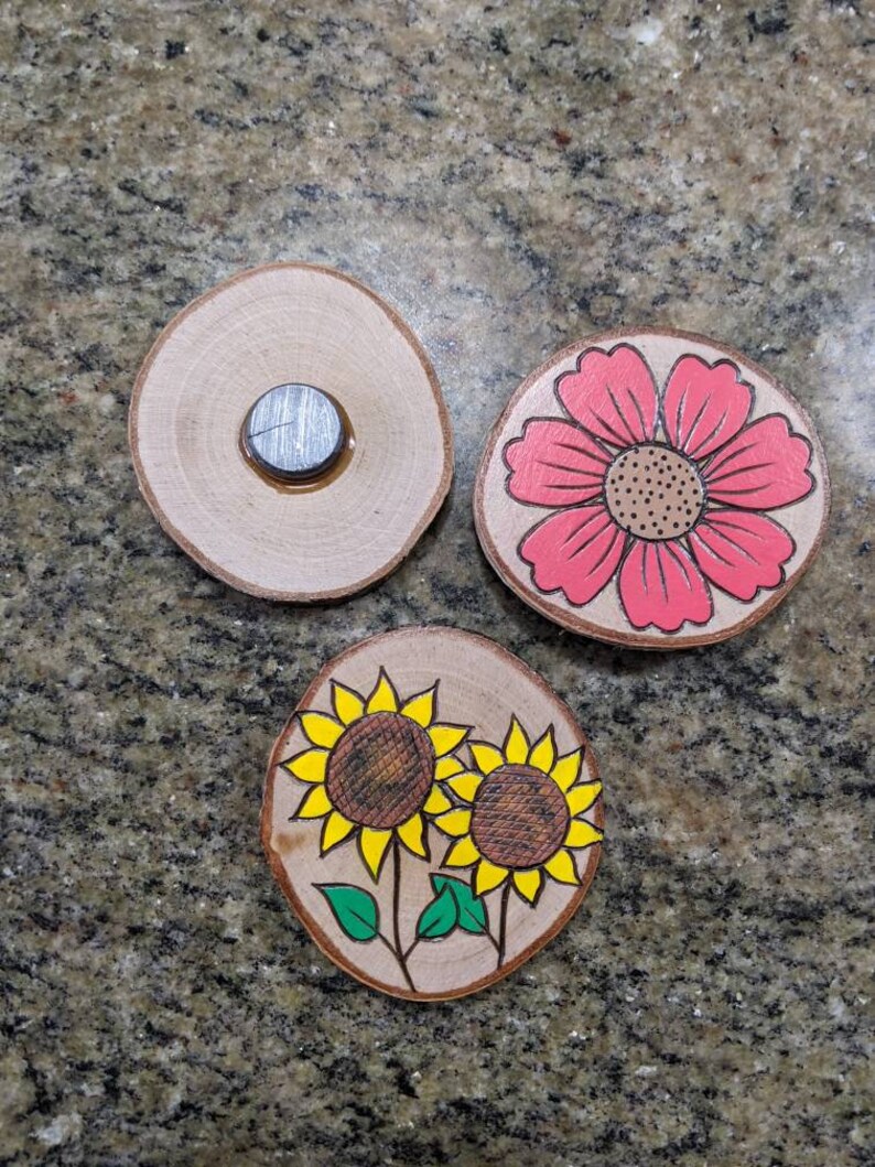 Fridge Set of 3 Flowers Wooden Wood Etsy
