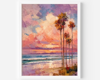 Sunset Beach Palm Tree Print | Tropical Ocean Wall Art Digital Download | Colorful Coastal Home Decor