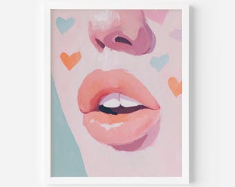 Impresión de arte mural de labios pastel / Póster de besos atrevidos / Descarga digital de pop femenino / Arte estético rosa para dormitorio o tocador