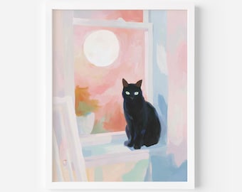 Black Cat Moonlight Painting - Pastel Halloween Wall Art, Cozy Window Scene, Witchy Decor, Full Moon Print, Spooky Autumn Aesthetic