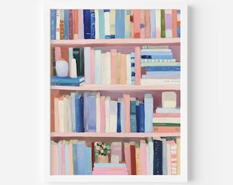 Pastel Bookshelf Art Print - Cozy Book Lover Wall Art, Colorful Home Library Decor, Cottagecore Reading Nook, Soft Aesthetic Painting