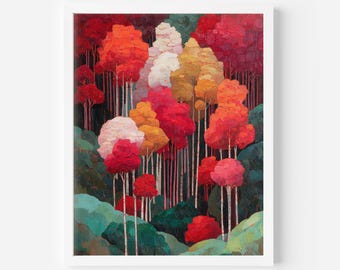 Herbstwald Kunstdruck - Bunte abstrakte Herbstbäume, lebendige Landschaftswandkunst, moderne Naturmalerei für gemütliche jahreszeitliche Dekoration