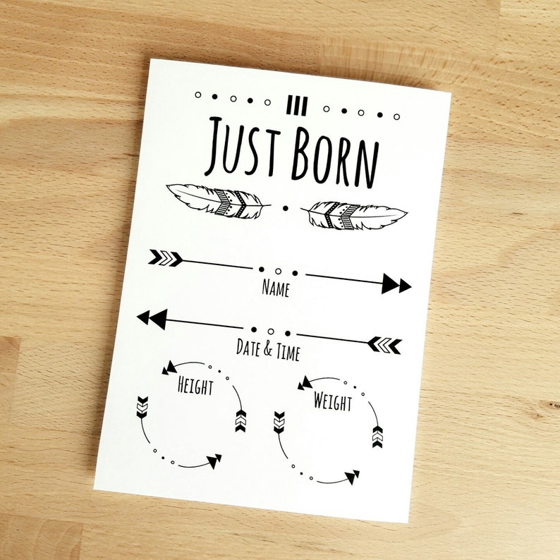 Monochrome Set of Two Designs Printable Baby Arrival Just Born Cards Modern DIGITAL Birth Announcement Boho Milestone