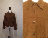 1990s Does 1970s Caramel Faux Suede Leather Button Up Collared Blouse Shirt Woodstock Festival 60s Hendrix Who Zeppelin S-M