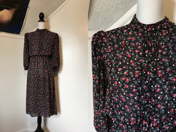 1980s Sheer Black Red Floral Ditsy Print Blousy Mi