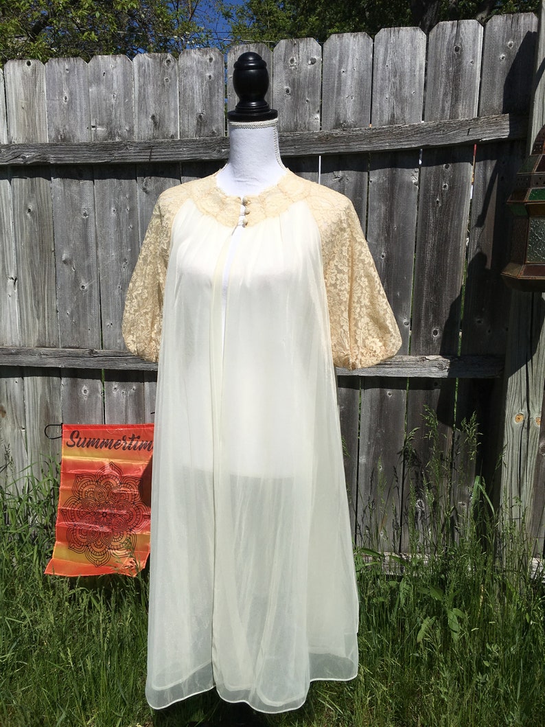 1960s Sheer Cream Lace Peignoir Poof Sleeve Romantic Open Bridal Wedding Lingerie Cover Nightgown White Edwardian Lace Women/'s S-M