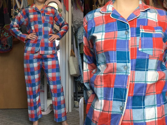 1960s Plaid Red Blue Pajama Set Soft Winter Fall 5