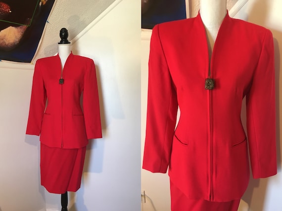 1990s Cherry Red 2 Piece Skirt Suit Wool Chic Busi