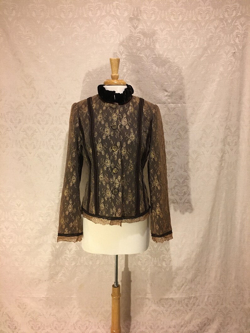 1990s Gold /& Brown Romantic Sparkly Lace Renaissance Victorian Couture Chic Velvet Collared Spring Fall Jacket Medieval Women/'s SM