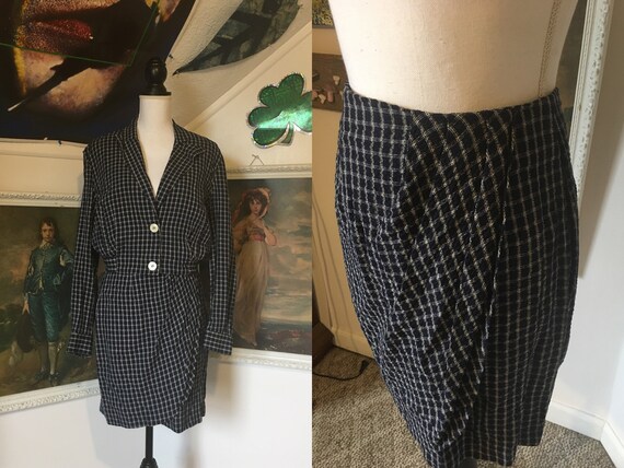 1990s Seersucker Plaid Grid 2 Piece Skirt Suit Set