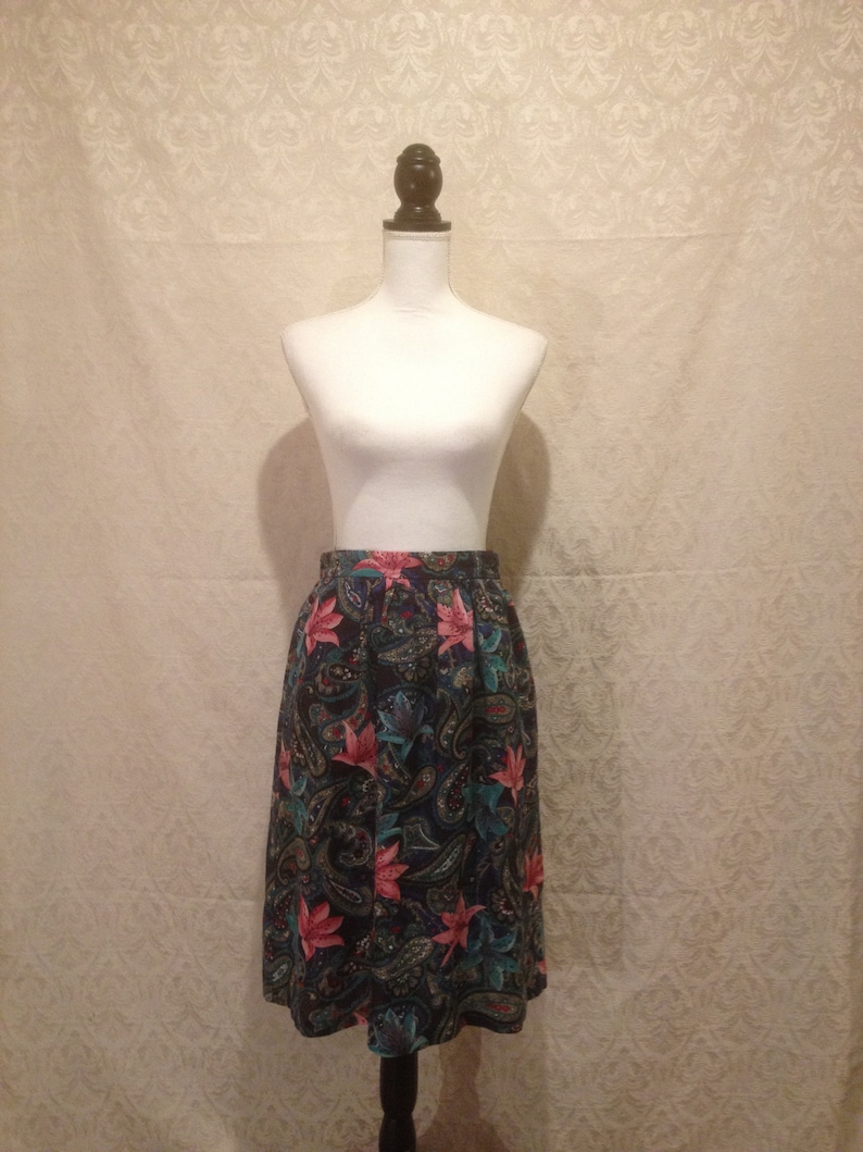 1980s Tropical Psychedelic Paisley Midi Spring Skirt S-M