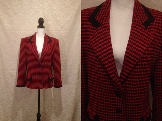 1960s Red Black Houndstooth Blazer Mod Dogtooth Pa