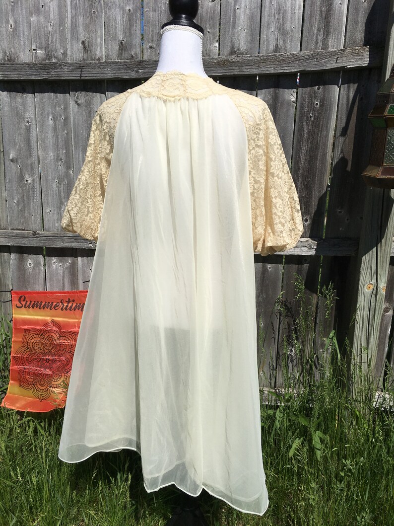 1960s Sheer Cream Lace Peignoir Poof Sleeve Romantic Open Bridal Wedding Lingerie Cover Nightgown White Edwardian Lace Women/'s S-M