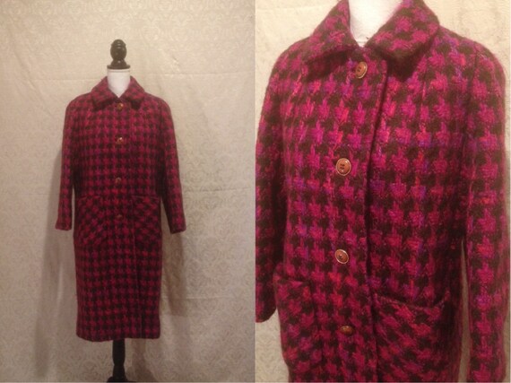 1960s 70s Neon Hot Pink Magenta Brown Houndstooth