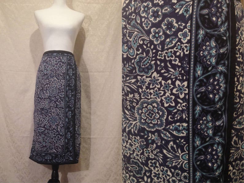 1990s Blue Black Floral Paisley Indian Art Psychedelic Garden Boho Gypsy Witch Festival Midi Dance Striped Square Skirt Mystic Elastic Small