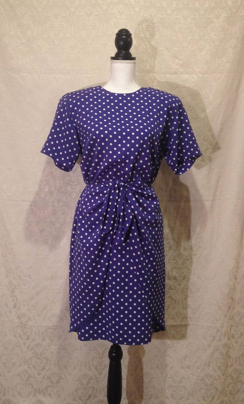 1980s Does 50s Purple White Polka Dot Layered Tee Midi Dress Bow Halloween Formal Mod Shoulder Pads Evening Spring Ditsy 40s 60s S-M