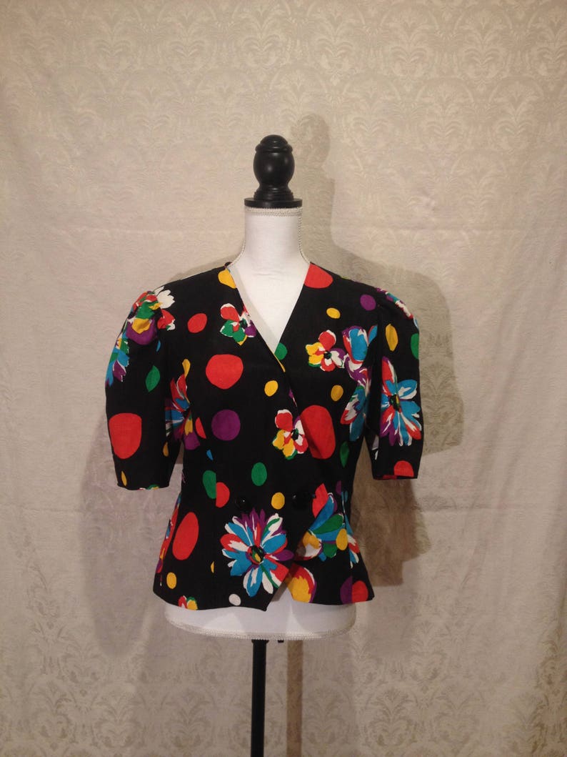1980s Balloon Sleeve Princess Puff Tee Blouse Rainbow Polka Dot Black Floral V Neck Asymmetrical Halloween Party Formal SM