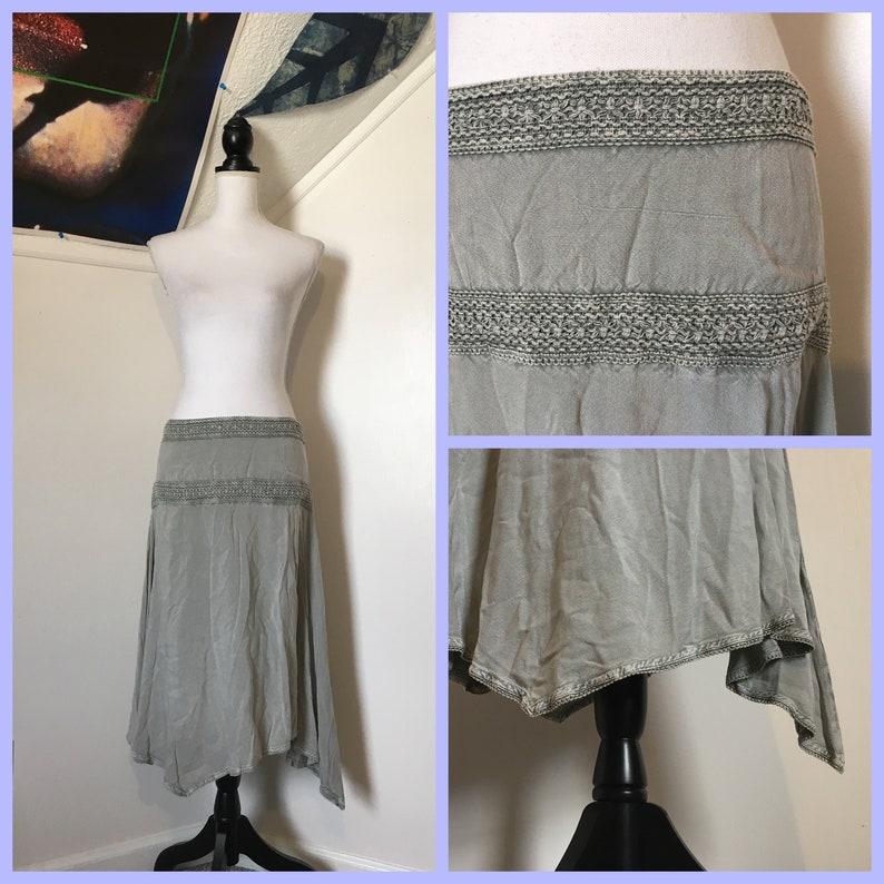 1990s Grey Asymmetrical Gypsy Mystic Hippie Boho Belly Dance Midi Skirt Summer Festival Indian Embroidered Handkerchief Hem Women/'s L