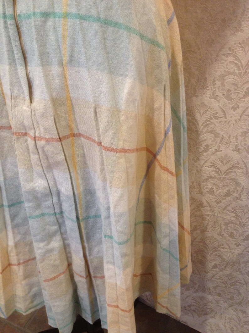 1950s 60s 70s Pastel Plaid A Line Pleated Midi Skirt Wool Winter Fall Holiday Mod Gogo Formal Cute Dressy Swing Beatnik M