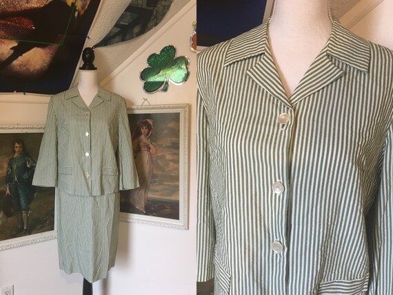 1950s 60s Green Pinstripe Seersucker 2 Piece Jacke